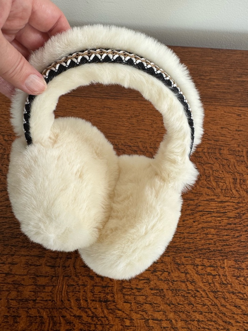 Cream Faux Fur Earmuffs with Braided Accent